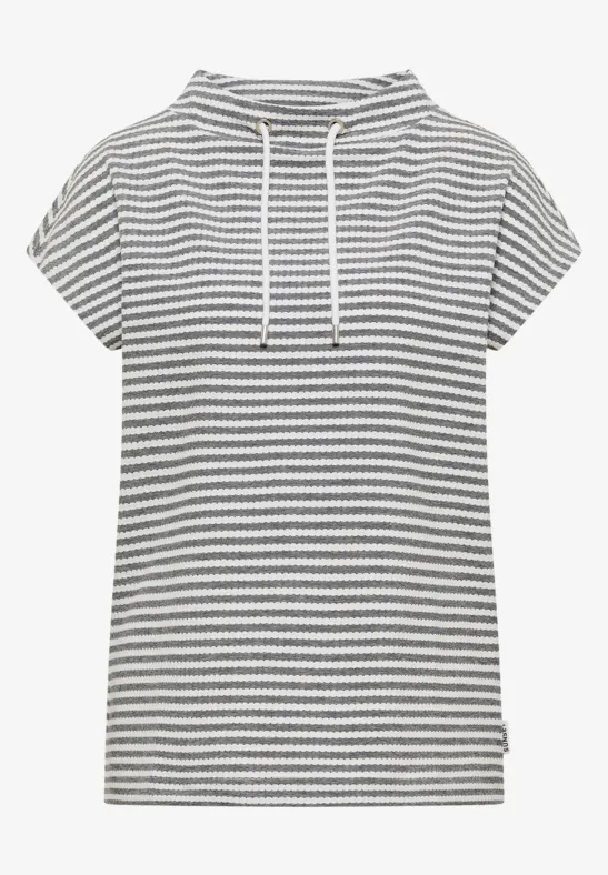 T-shirt met korte mouwen en capuchon, witte en zwarte strepen, losse pasvorm met trekkoord.
