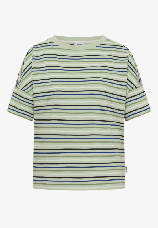 Losvallend lichtgroen T-shirt met korte mouwen en witte, donker- en marineblauwe strepen.