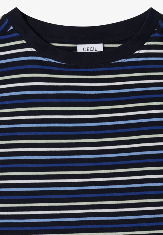 Zwart T-shirt met ronde hals en witte en blauwe strepen, voorzien van een 'Cecil'-label.
