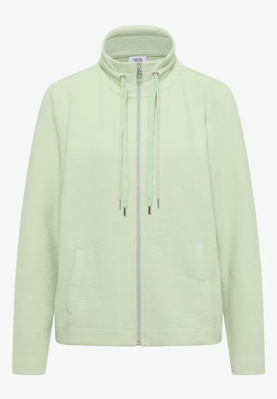 Hellgrüne Sweatjacke mit Reißverschluss, Stehkragen und Kordelzug.