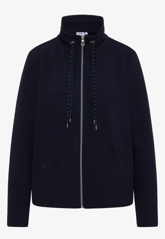 Dunkelblaue Bomberjacke mit Reißverschluss, hohem Kragen und Kordelzug