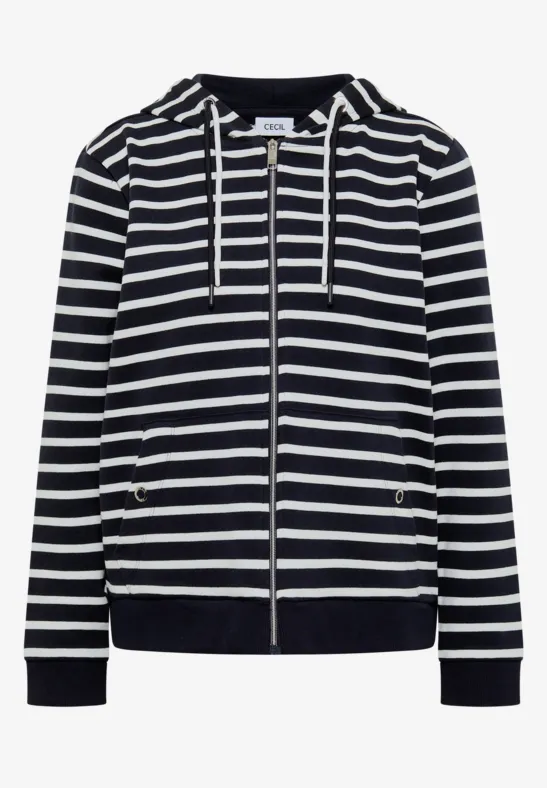 Navyblauwe capuchontrui met witte strepen, ritssluiting, aantreklinten en zakken.