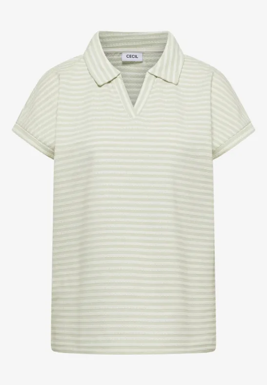 Poloshirt à fines rayures blanc et gris, manches courtes, col polo et encolure en V, coupe décontractée.