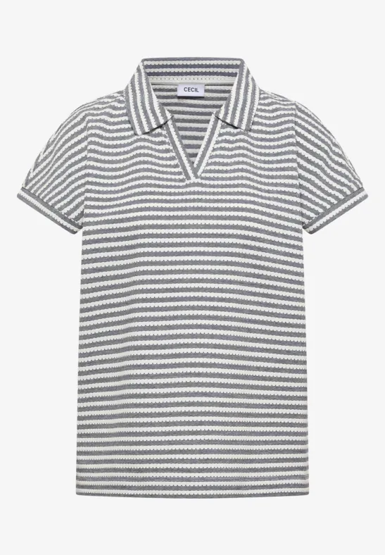 Gestreiftes kurzärmeliges Poloshirt mit V-Ausschnitt und Kragen in Blau und Weiß.