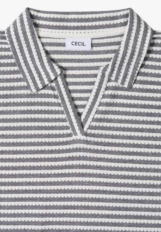 Grau-weiß gestreiftes Kurzarm-Strickshirt mit V-Ausschnitt und Polokragen von CECIL.