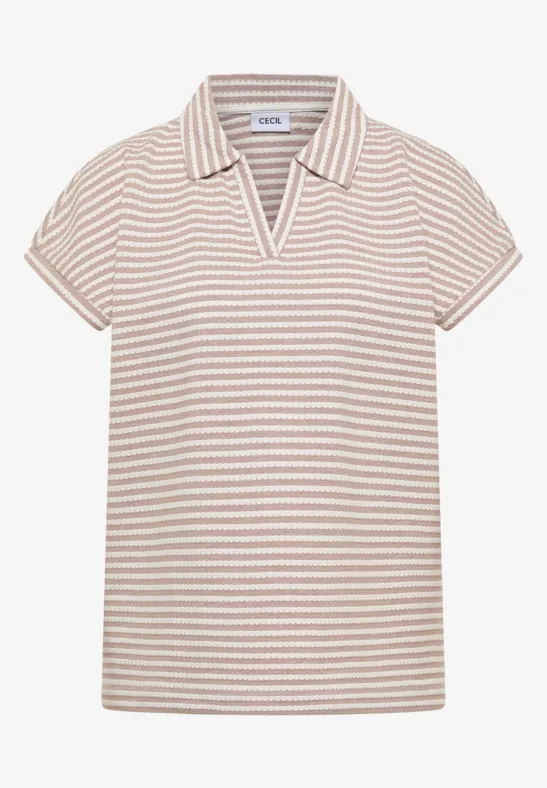 Kort mouw polo met beige-witte strepen en V-hals.