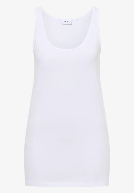 Weißes ärmelloses Tanktop aus glattem Stoff.