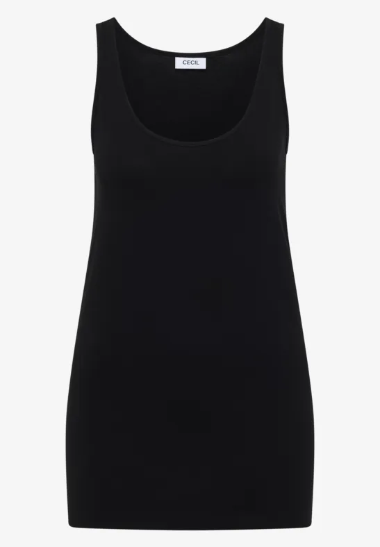 Un débardeur noir uni pour femme, à larges bretelles et col rond, coupe ajustée.