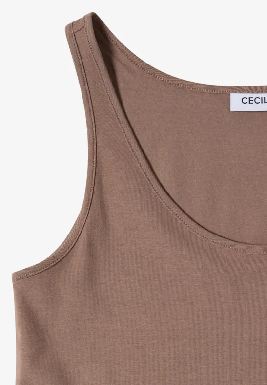 Top marron sans manches avec encolure ronde.