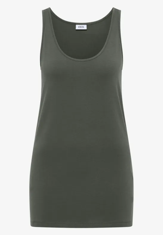 Olivgrünes, ärmelloses Tanktop mit rundem Ausschnitt.