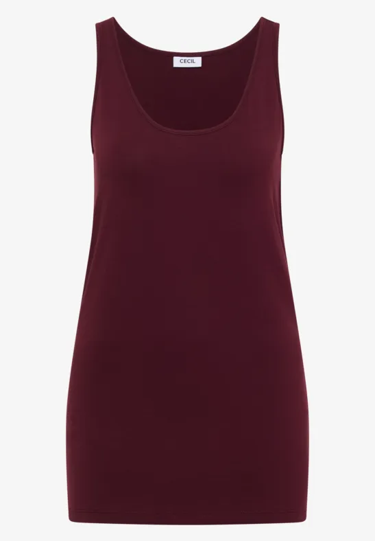 Ein ärmelloses Top in dunklem Burgundrot mit schlichter Passform.