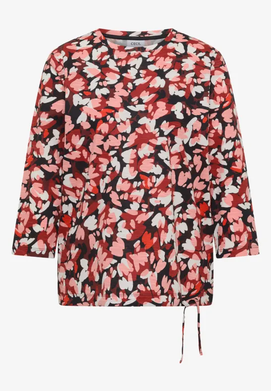 Schwarze Damenbluse mit buntem Blumenmuster, 3/4-Ärmeln und seitlicher Kordel.