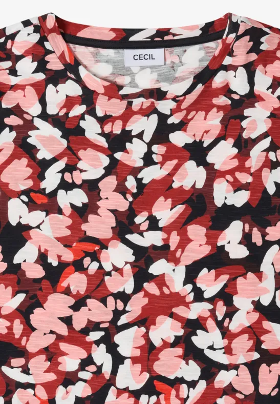 Schwarzes Kurzarmshirt mit abstraktem Muster aus rosa, roten und weißen Blüten, Marke CECIL.