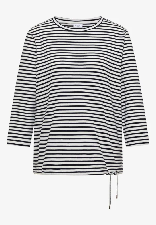 Schwarz-weiß gestreiftes Langarmshirt mit seitlicher Kordel zum Zuziehen.