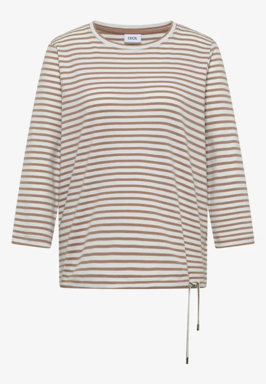 T-shirt à manches longues rayé beige et blanc avec cordon de serrage latéral.