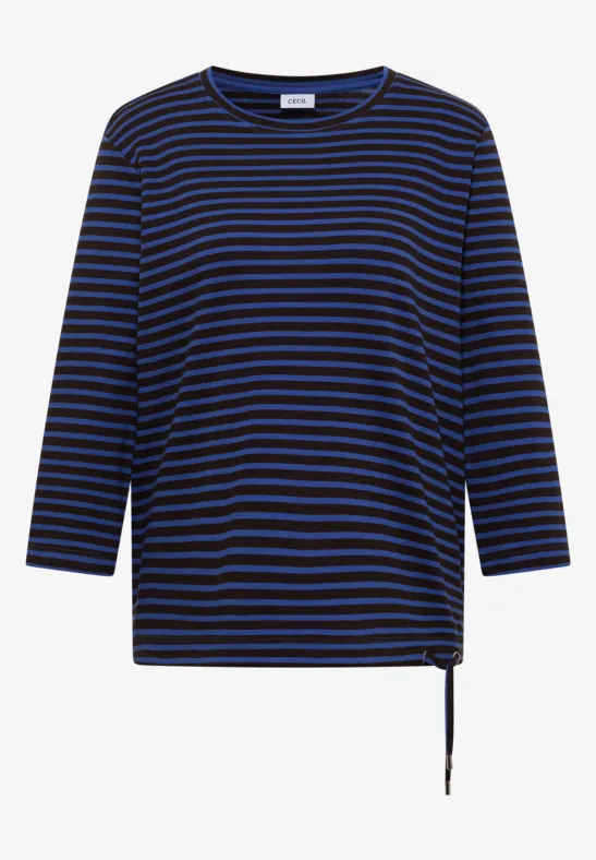 T-shirt rayé bleu marine et noir à manches 3/4, détail noué sur le côté.