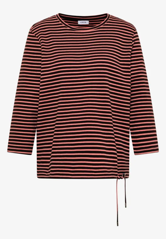 T-shirt à manches longues rayé rouge et noir avec cordon de serrage sur le côté.