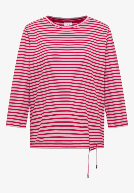 Rot-weiß gestreiftes 3/4-Arm-Shirt mit Rundhalsausschnitt und Kordelzug am Saum.