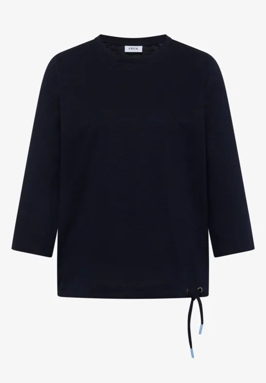 T-shirt noir à manches 3/4 avec lien coulissant latéral au bas.