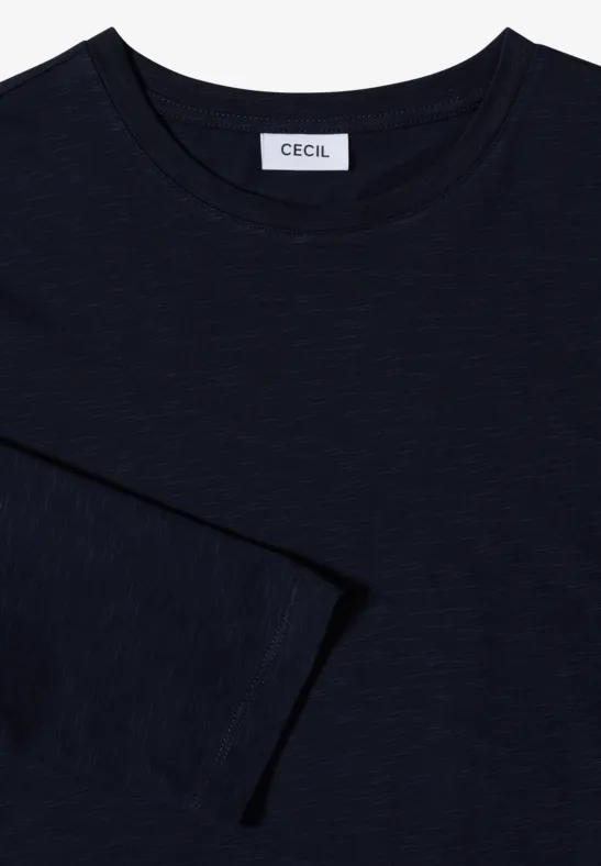 T-shirt à manches longues bleu foncé, col rond, avec étiquette 'CECIL' à l'encolure