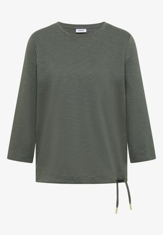 T-shirt vert foncé à manches longues, col rond et cordon latéral au bas.
