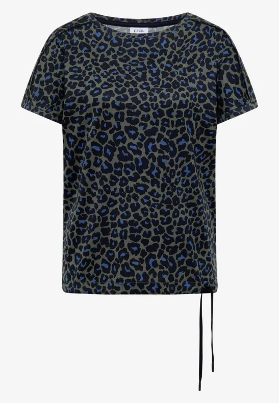 Kurzärmeliges Shirt in Schwarz mit blauem Leopardenmuster und seitlichem Tunnelzug