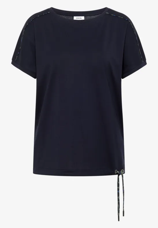 Dunkelblaues Damen-T-Shirt mit Rundhalsausschnitt, kurzen Ärmeln und seitlichem Kordelzug.