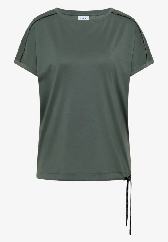 Lässiges, kurzärmliges Shirt in Olivgrün mit Rundhalsausschnitt und seitlicher Kordel zum Binden.