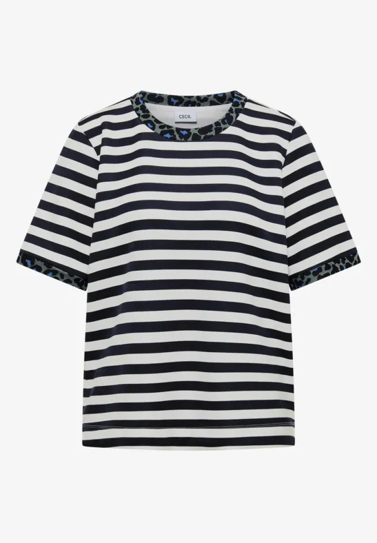Schwarz-weiß gestreiftes Kurzarmshirt mit gemustertem Kragen und Ärmelabschluss.
