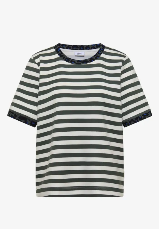 Weiß-grün gestreiftes T-Shirt mit kontrastierendem, gemustertem Kragen und Ärmelbündchen