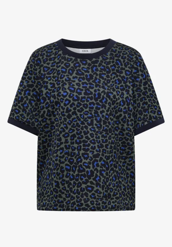 Lockeres T-Shirt mit rundem Ausschnitt und blau-schwarzem Leopardenmuster