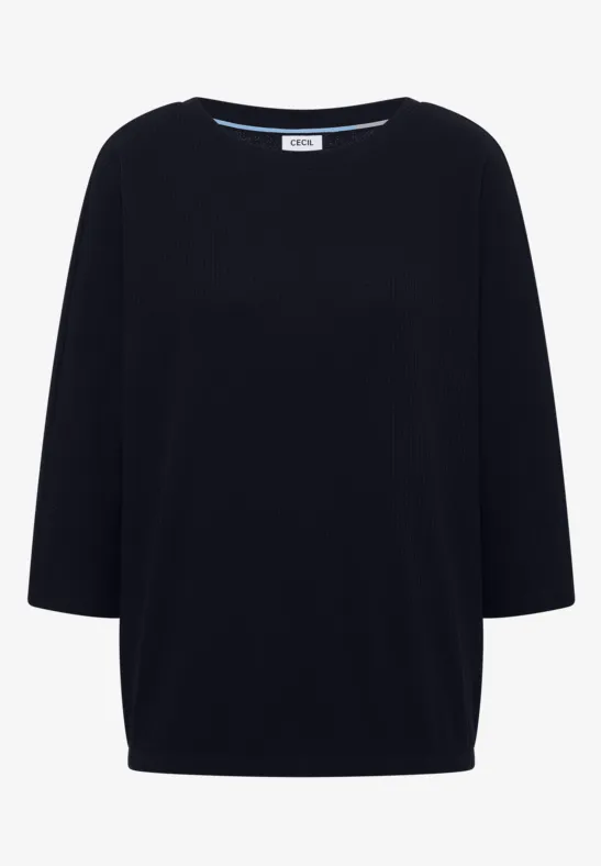 Schwarzer Pullover mit weiten 3/4-Ärmeln und weitem Rundhalsausschnitt.