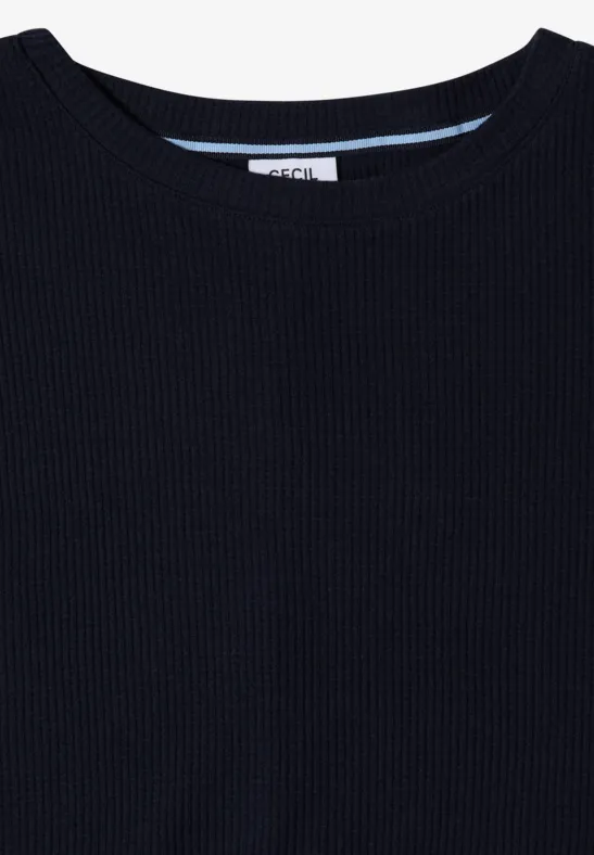 Dunkelblaues, geripptes Langarmshirt mit rundem Ausschnitt.