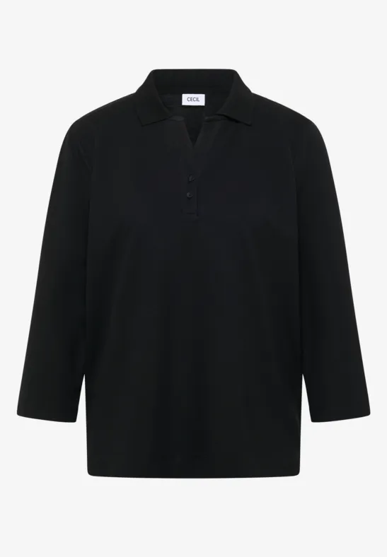 Schwarzes Langarm-Poloshirt mit klassischem Kragen und verdeckter Knopfleiste.