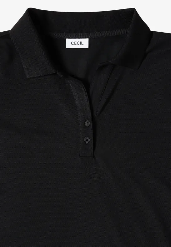 Schwarzes Polohemd mit Kragen, kurzer Knopfleiste und Markenlabel
