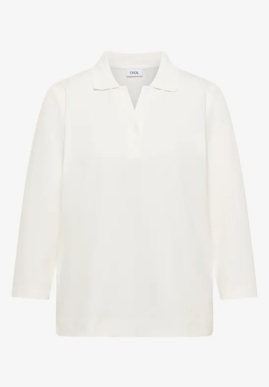 Weißes, langärmeliges Poloshirt mit V-Ausschnitt und geradem Schnitt.