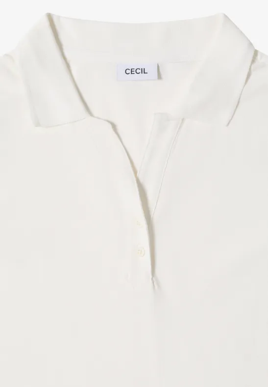 Ein schlichtes weißes Poloshirt mit Kragen und Knopfleiste von der Marke CECIL.