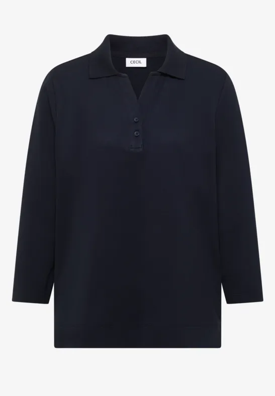 Dunkelblaues Langarm-Poloshirt mit Kragen und Knopfleiste, schlicht und elegant.