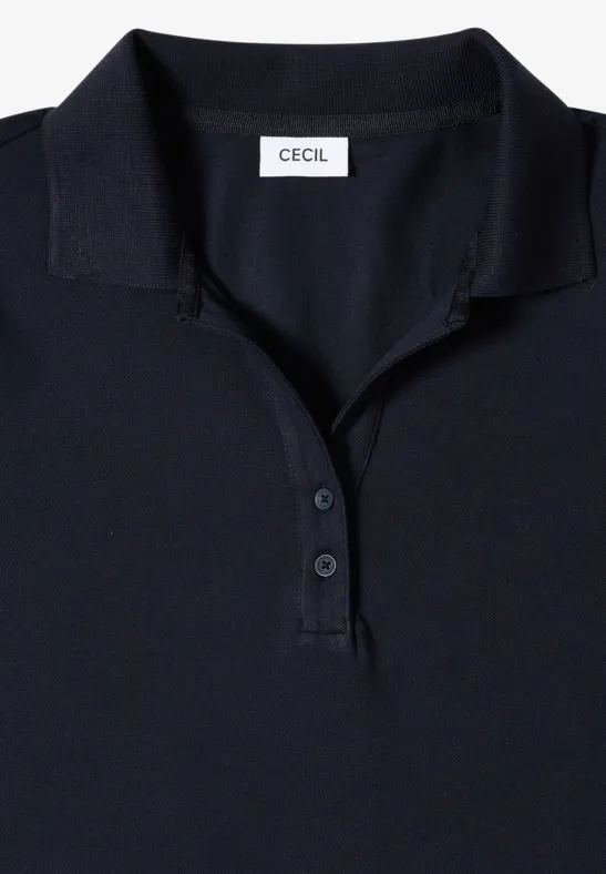 Schlichtes dunkelblaues Polohemd mit Kragen, 3-Knopf-Leiste und CECIL-Label am Nacken