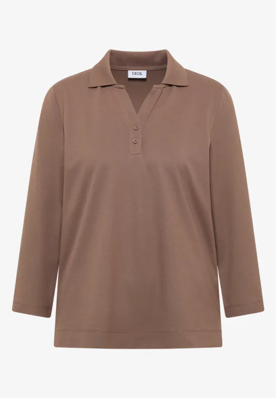 Braunes Poloshirt mit langen Ärmeln.