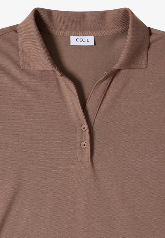 Braunes Poloshirt mit offenem Kragen, zwei Knöpfen und CECIL-Label