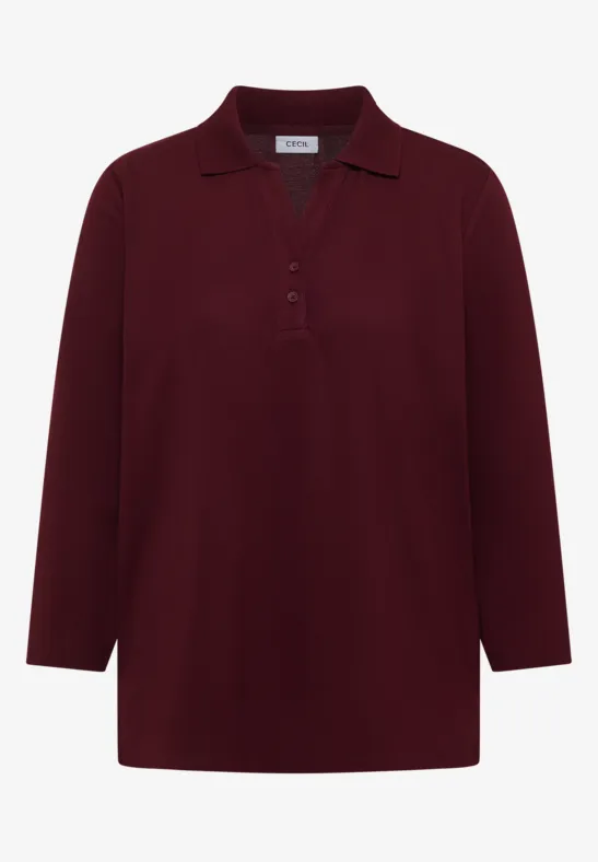 Bordeauxrotes Langarm-Poloshirt mit Kragen und Knopfleiste.