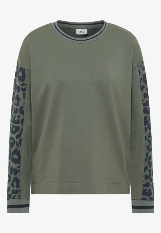 Olivefarbenes Langarmshirt mit Leoprint an den Ärmeln und Kontraststreifen an Bündchen