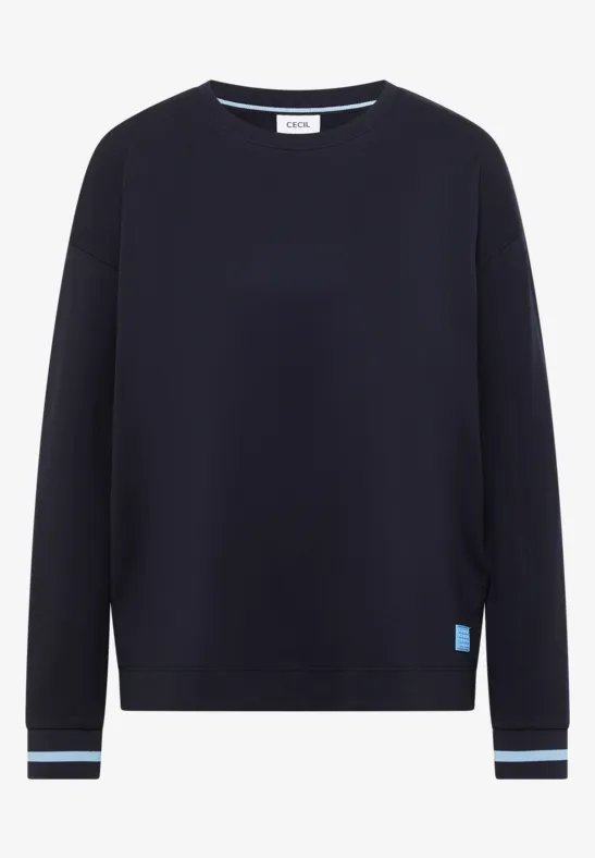 Een effen donkeblauw sweatshirt met ronde hals, lange mouwen en gestreepte boorden.