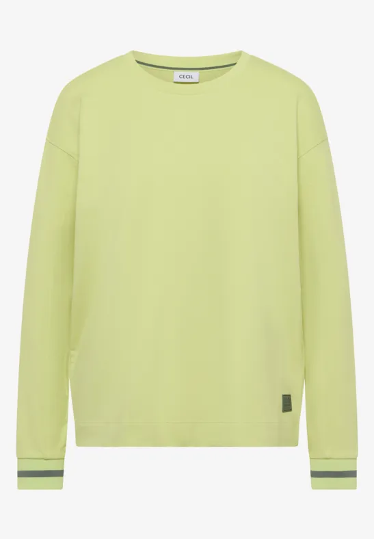 Lichtgroen longsleeve met ronde hals en subtiele gestreepte boordjes bij de mouwen.