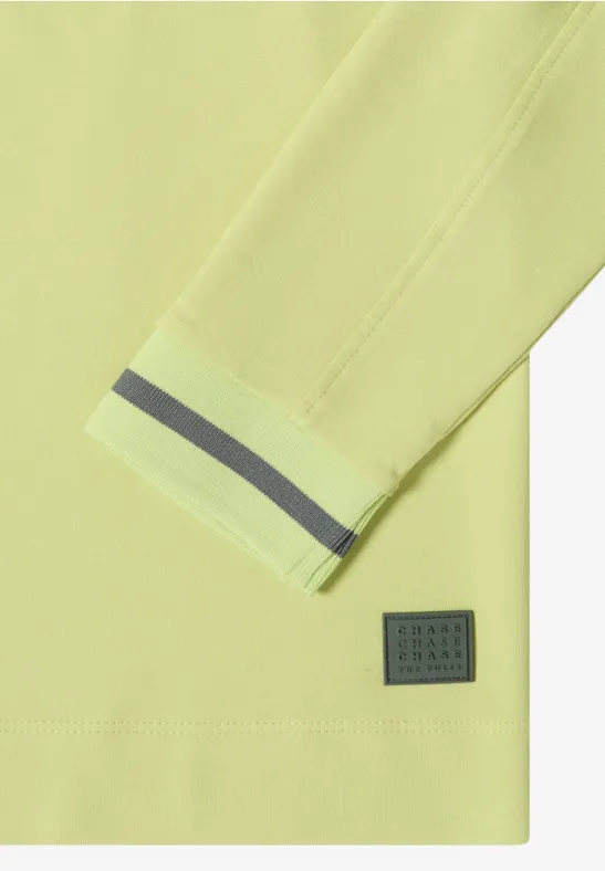 Lichtgeel longsleeve-shirt met grijze streep op de mouw en klein label.