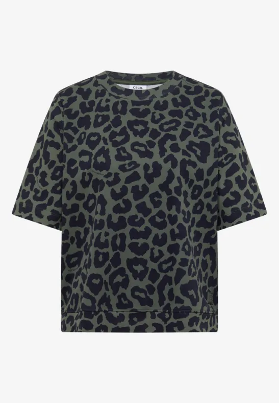 Lässiges T-Shirt mit dunkelgrünem Leopardenmuster und lockerem Schnitt.