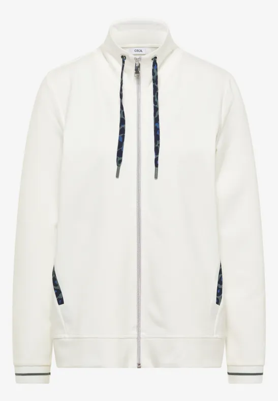 Veste à capuche blanche zippée, cordon de serrage et détails contrastants sur les poches et poignets.