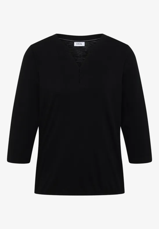 Schwarzes Shirt mit 3/4-Ärmeln und V-Ausschnitt mit Spitzenbesatz