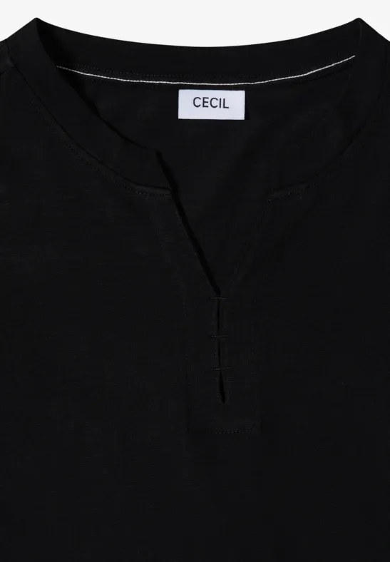 Schwarzes Damen-Shirt mit leichtem V-Ausschnitt und Markenlabel 'CECIL'. Schlicht und elegant.
